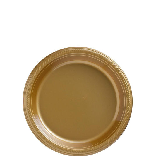 Round 7-inch gold plastic plate with textured rim, smooth center, disposable tableware.
