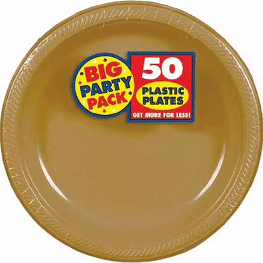 Set of 50 round 10.25-inch gold plastic plates with glossy finish and slight raised rim.