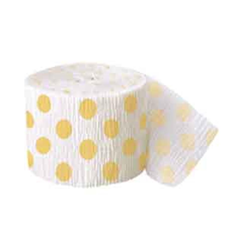 Sunflower yellow polka dots on white crepe paper streamer roll with textured surface.