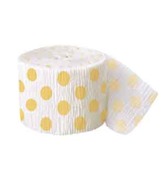 Sunflower yellow polka dots on white crepe paper streamer roll with textured surface.
