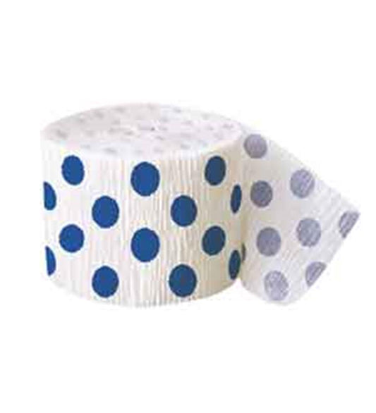 White crepe paper streamer with royal blue polka dots, partially unrolled on white background.