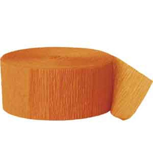 Bright orange crepe paper streamer roll with textured, lightweight material and loose end visible.