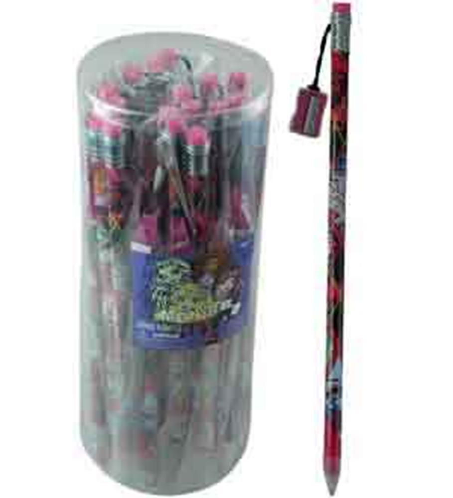 Clear cylindrical container filled with black and pink Monster High jumbo pencils with attached sharpeners and pink erasers.