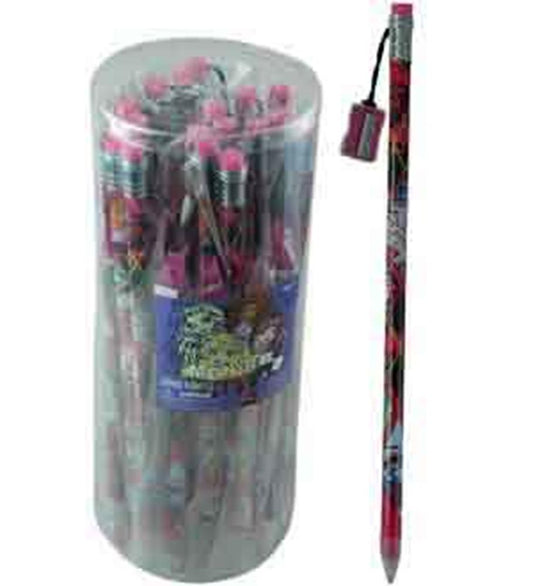 Clear cylindrical container filled with black and pink Monster High jumbo pencils with attached sharpeners and pink erasers.