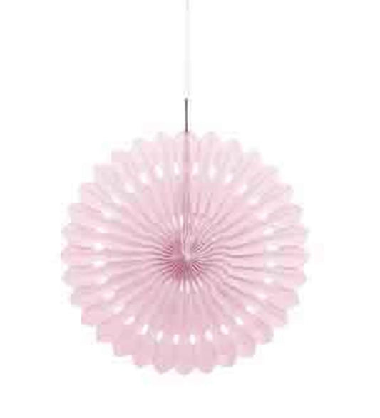 Light pink 16-inch round tissue paper fan with scalloped edges, hanging decoration.