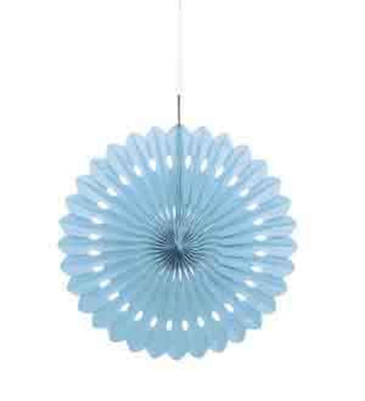 Powder blue 16-inch circular tissue paper fan with scalloped edges and a hanging string.