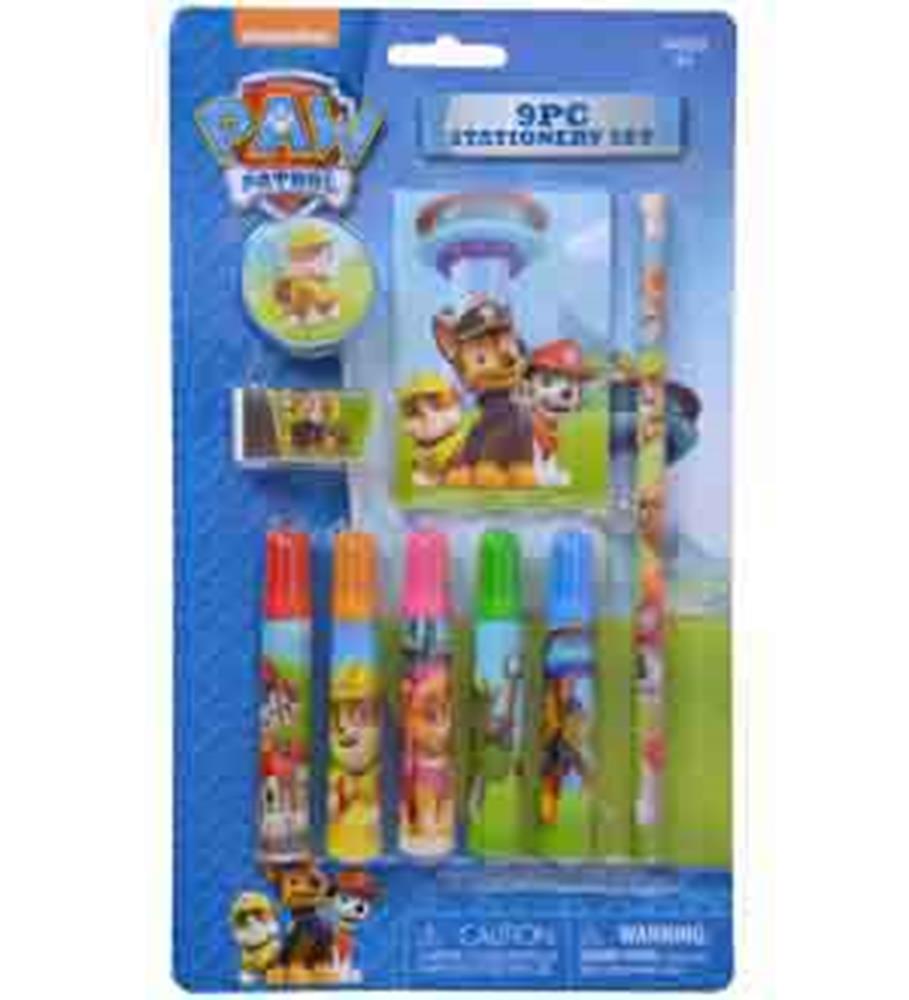 Paw Patrol 9-piece stationery set with markers, pencils, sharpener, and notepad featuring colorful character designs on blue