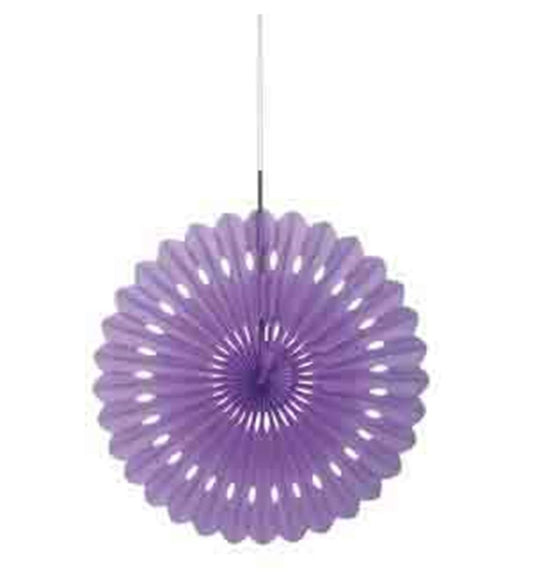16-inch purple paper decor fan with scalloped edges and central hanging string.