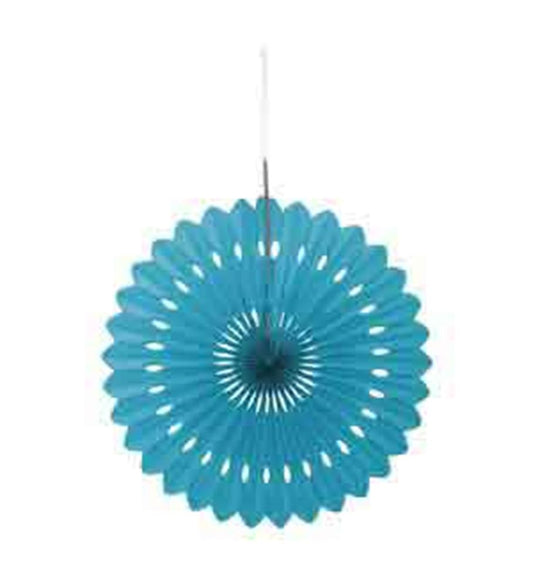 Caribbean teal circular tissue paper fan with scalloped edges and hanging string.