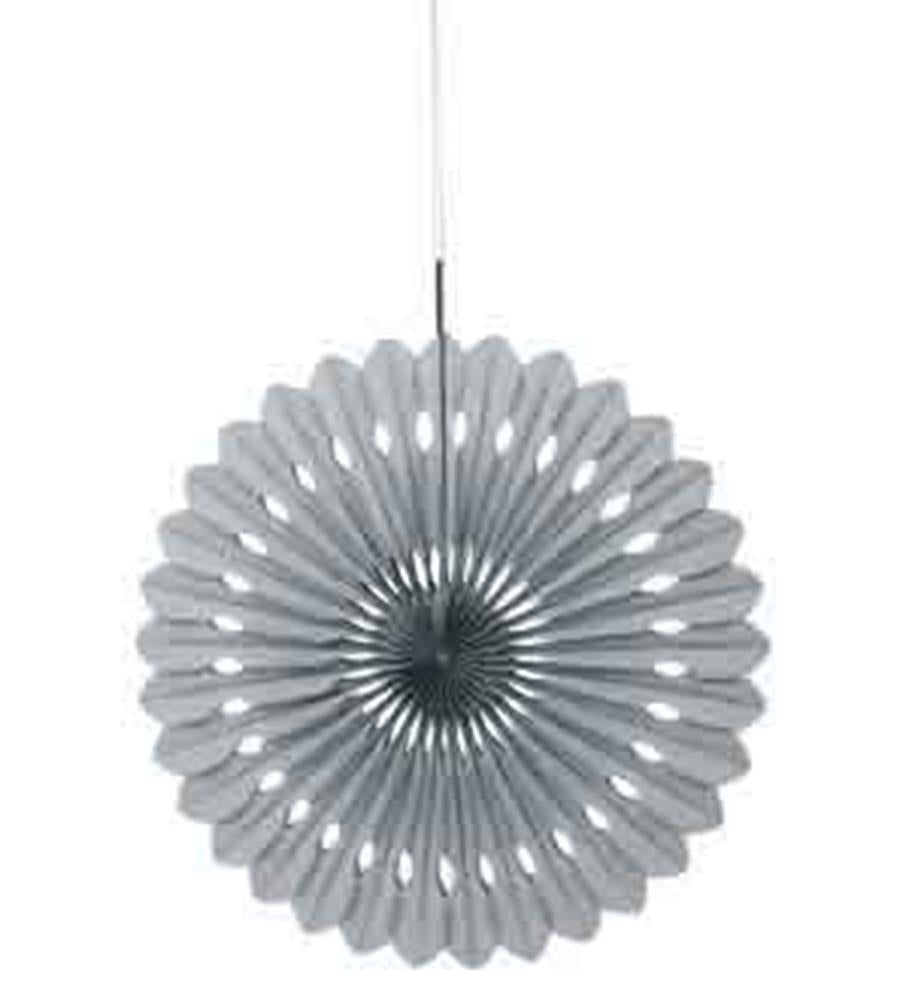 Silver metallic paper fan decoration with radial cut-out patterns and a hanging string.