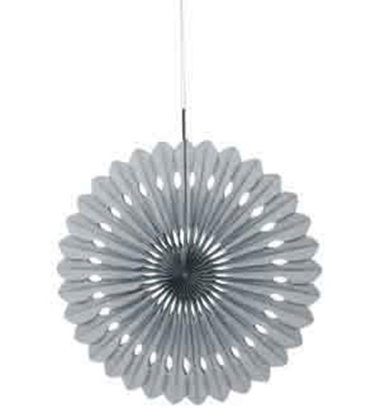 Silver metallic paper fan decoration with radial cut-out patterns and a hanging string.