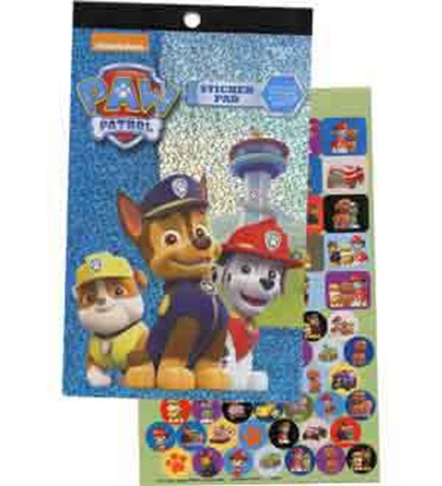 Paw Patrol sticker pad with colorful character stickers on a blue sparkly background featuring Chase, Rubble, and Marshall.