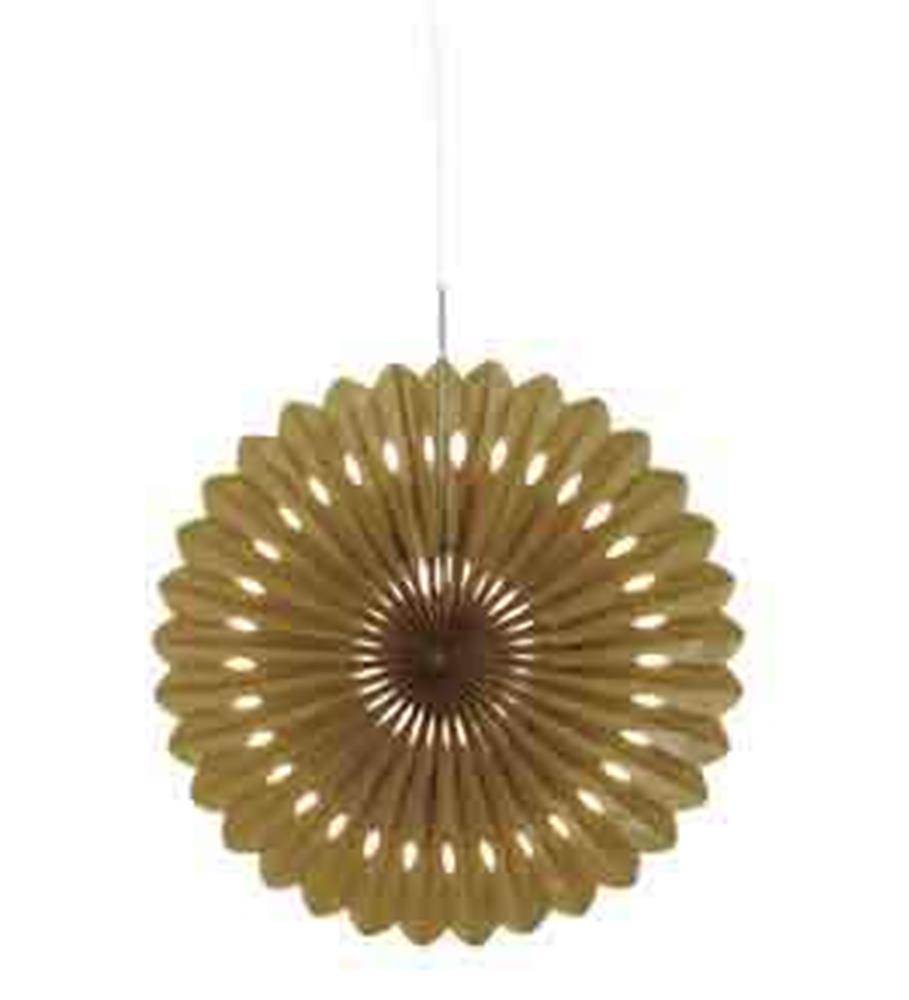 Gold paper fan decoration with scalloped edges and a central circular fold, hanging by a white string.