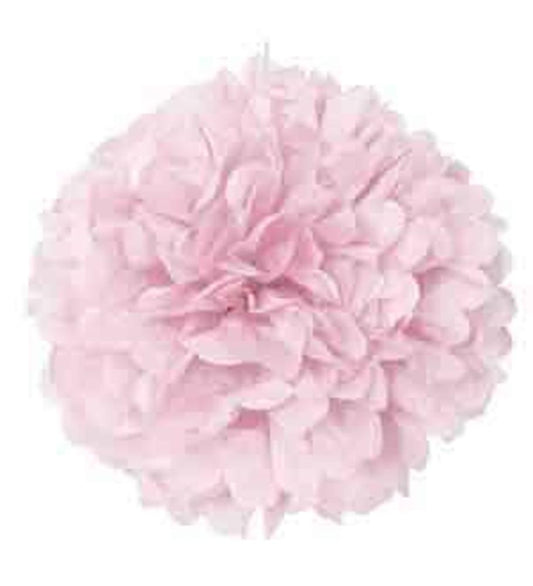 Round fluffy tissue paper pom-pom in soft pastel pink with layered petals, 16 inches wide.