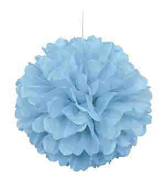 Powder blue tissue paper pom pom decoration with fluffy, layered petals and hanging string.