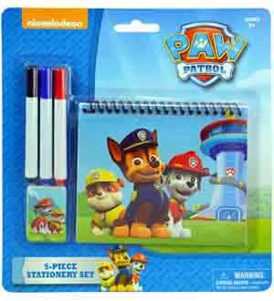Paw Patrol 5-piece stationery set with spiral notebook featuring Chase, Rubble, and Marshall, plus three colored markers in.