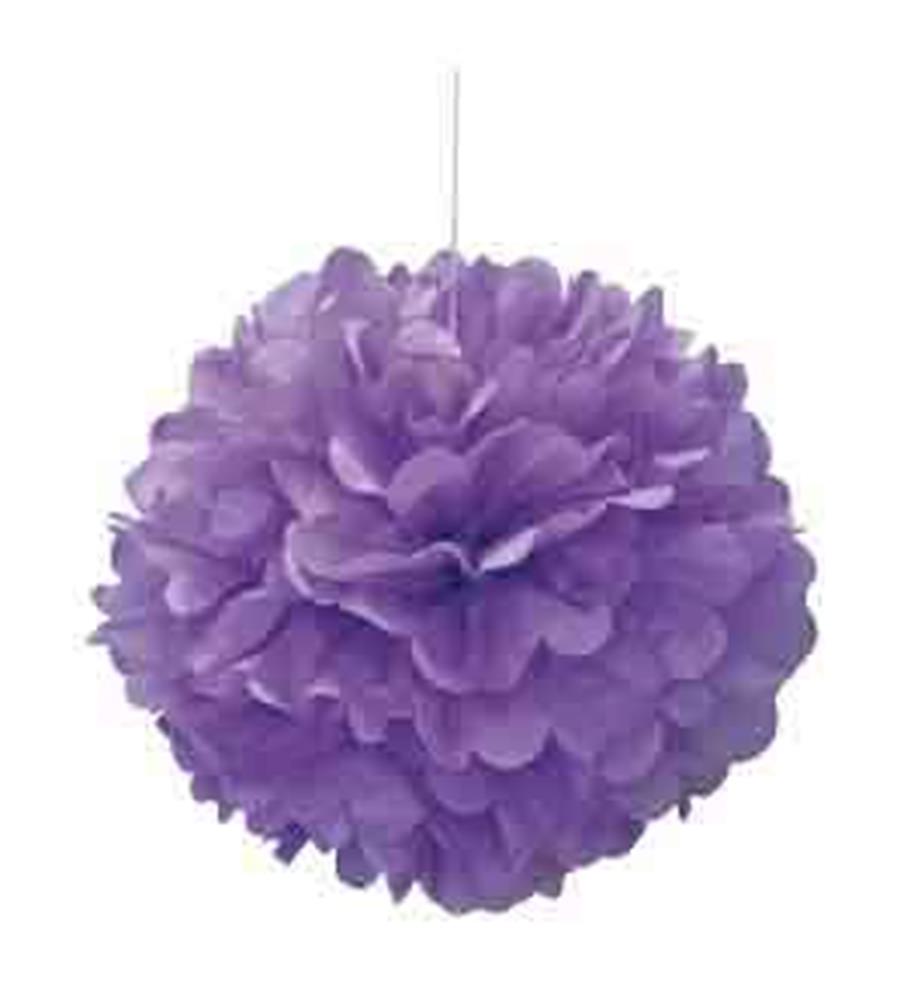 Purple tissue paper pom pom with layered, ruffled petals, hanging by a white string.