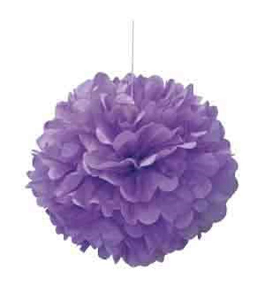 Purple tissue paper pom pom with layered, ruffled petals, hanging by a white string.
