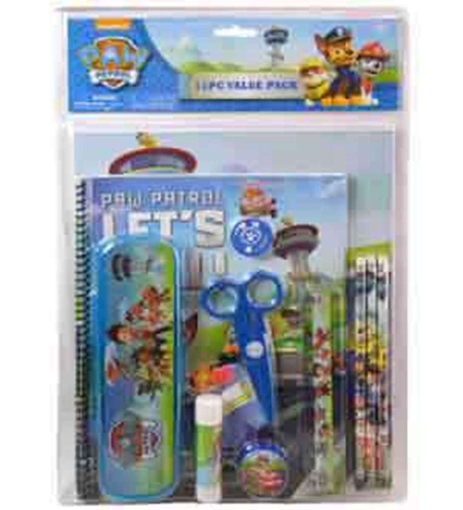 Paw Patrol 11-piece stationery set with spiral notebook, scissors, glue stick, pencils, and ruler featuring blue and.