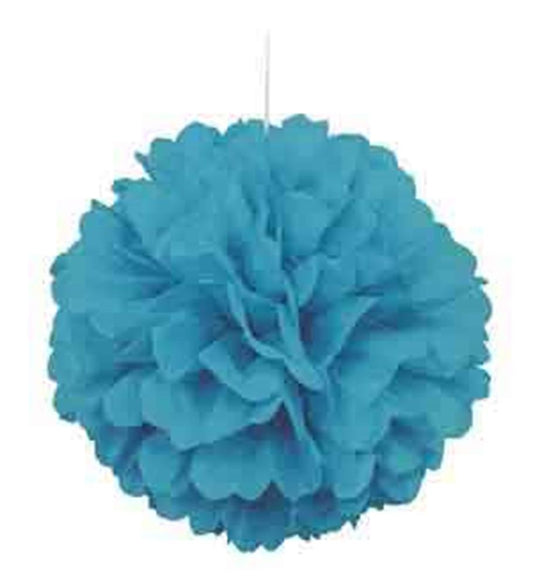 Caribbean teal tissue paper puff decor with layered ruffled petals, 16 inches round.