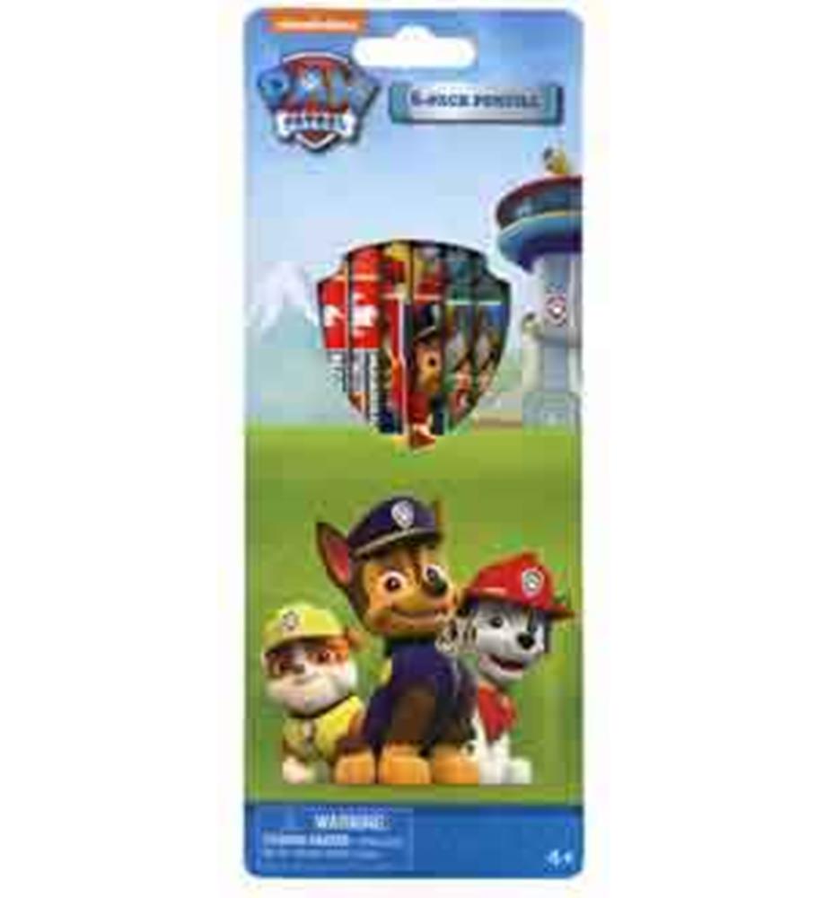 Set of six wooden pencils featuring Paw Patrol characters with colorful cartoon designs on a blue packaging card.