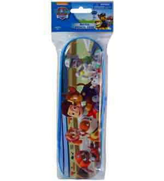 Rectangular transparent pencil case with blue trim featuring colorful Paw Patrol characters.