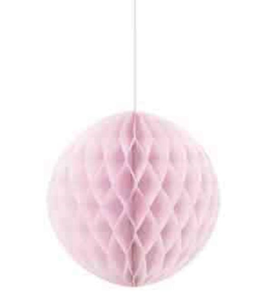 Pink honeycomb paper ball decoration with textured geometric pattern, hanging display.