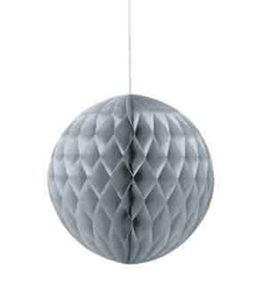 Silver honeycomb paper ball decoration with an 8-inch diameter, suspended by a string.