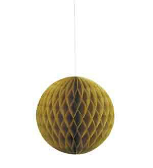 Gold honeycomb paper ball decoration, 8-inch spherical shape with textured layers.