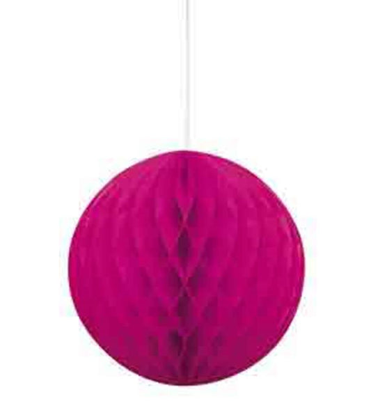 Neon pink honeycomb paper ball with 8-inch diameter hanging decoration.