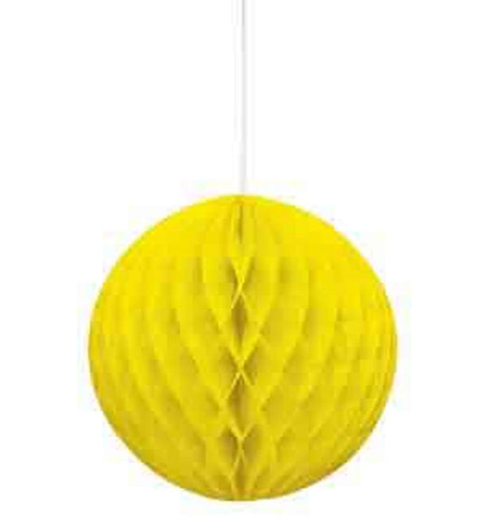 Neon yellow honeycomb paper ball decoration with 8-inch diameter and hanging string.