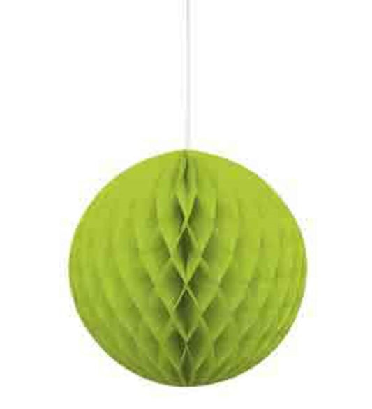Neon lime green honeycomb paper ball with 3D textured geometric pattern, 8-inch diameter, hanging decoration.