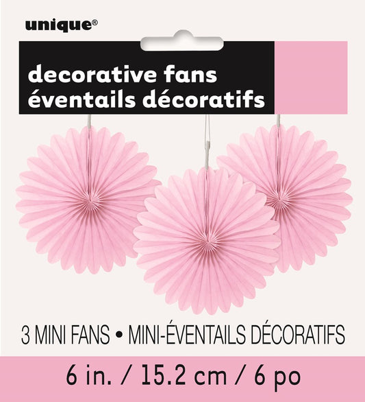 Set of three lovely solid pink tissue paper fans, each 6 inches wide, with pleated, circular folds.