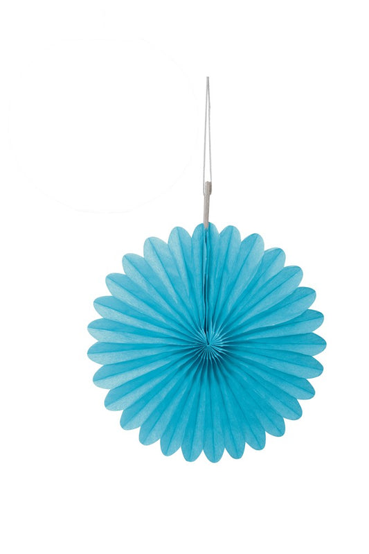Powder blue round tissue paper fan with scalloped edges hanging by thin string.