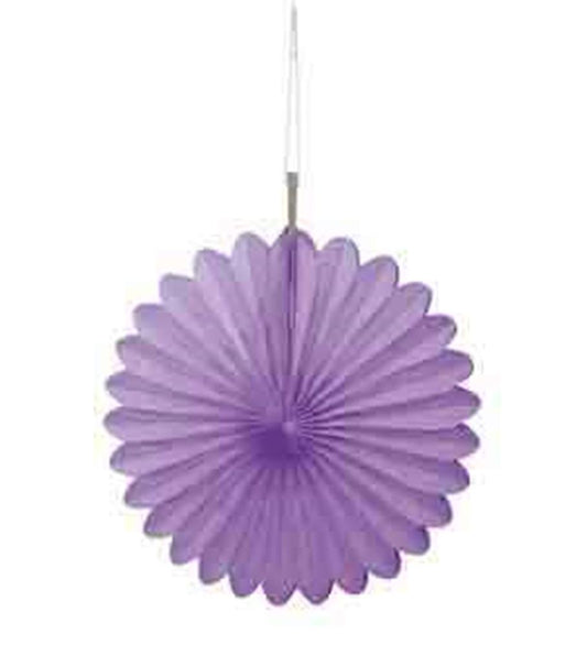 Purple round paper fan with scalloped edges and a hanging string.
