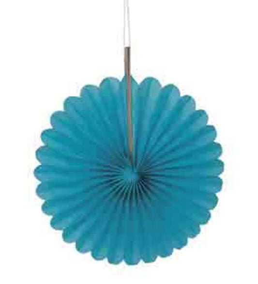 Caribbean teal tissue paper fan with scalloped edges, 6-inch diameter, hanging decoration.