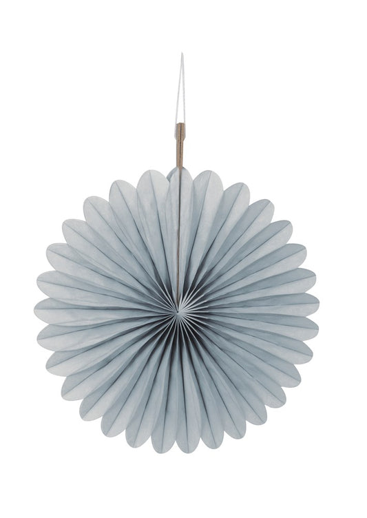 Silver round tissue paper fan with scalloped edges, 6 inches, hanging decoration.