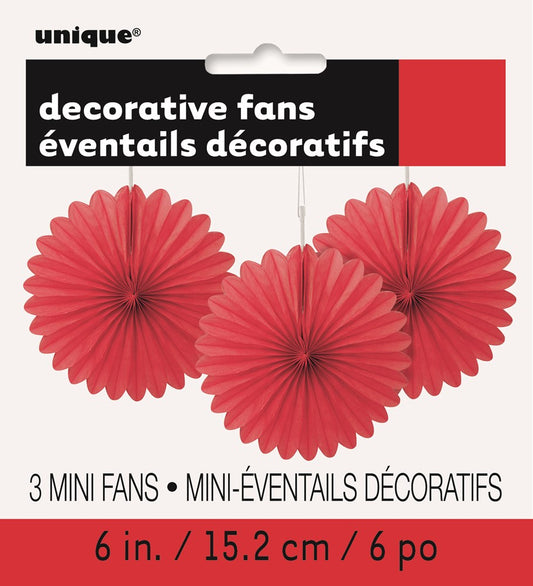 Three red 6-inch round tissue paper fans with pleated, scalloped edges for decoration.