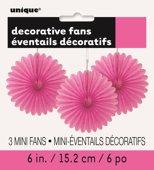 Set of three hot pink tissue paper fans with scalloped edges, 6 inches wide each.
