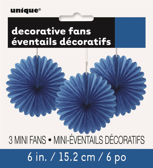 Set of three royal blue 6-inch round tissue paper fans with pleated design.