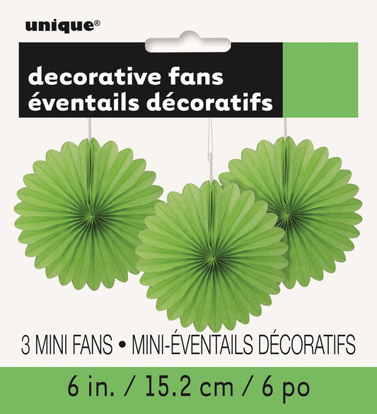 Three lime green circular tissue paper fans with pleated fold designs, each measuring 6 inches in diameter.