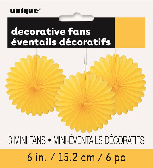 Three bright sunflower yellow tissue paper fans, each 6 inches wide, with a scalloped edge and pleated design.