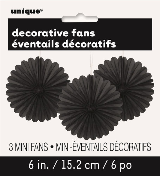 Three black 6-inch round tissue paper fans with pleated design on white backing card.