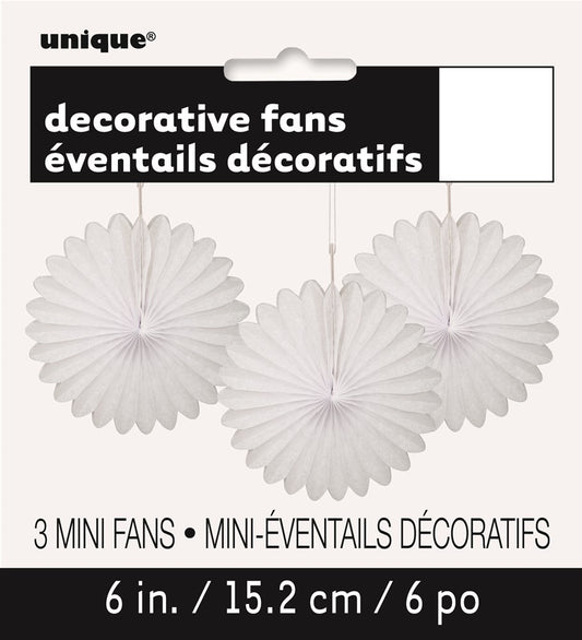 Three white 6-inch round tissue paper fans with pleated, scalloped edges hanging by strings.