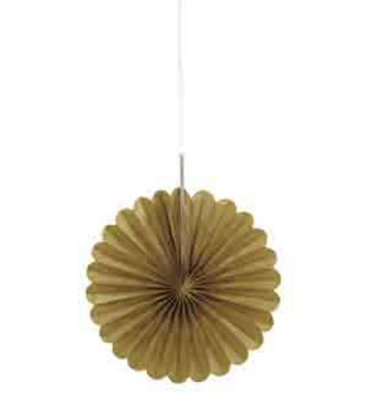 Set of three 6-inch round gold tissue paper fans with scalloped edges for party decor.