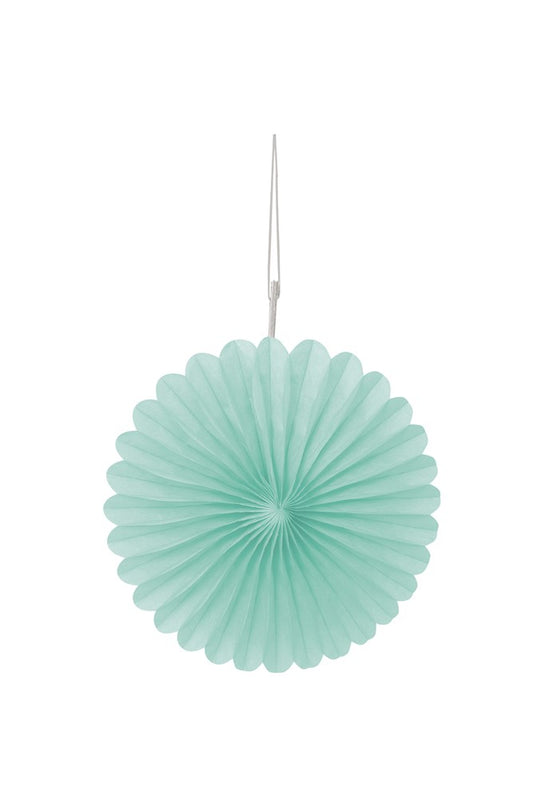 Set of three pastel mint green 6-inch round tissue paper fans with pleated design and hanging string.