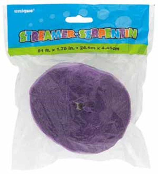 Lavender crepe paper streamer rolled tightly in clear plastic packaging with colorful label.