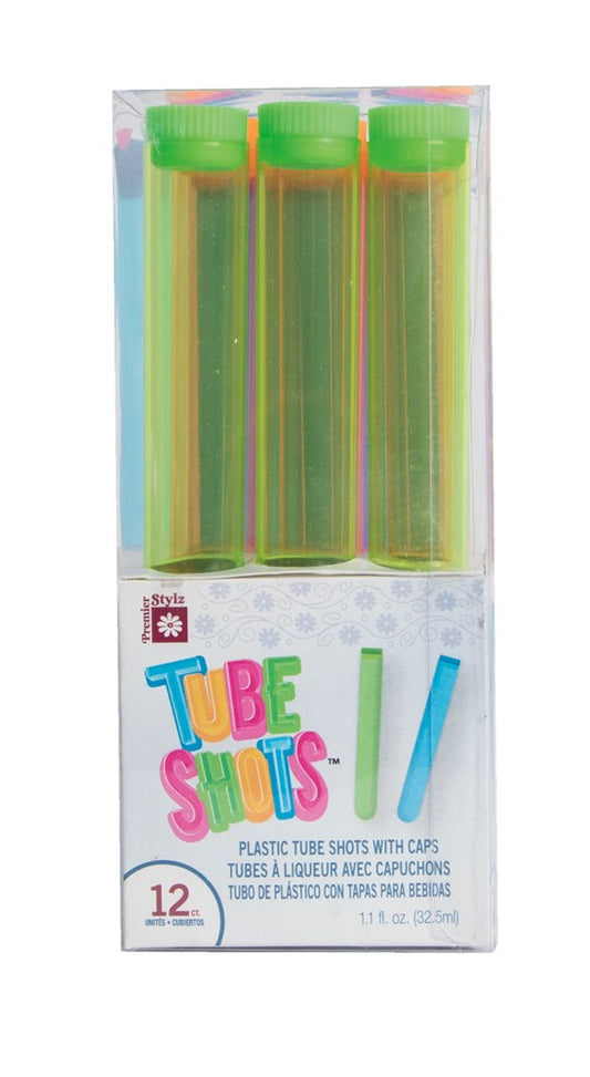 Set of 12 neon green translucent plastic shot glasses in tall, narrow tubes with rounded tops in clear packaging.