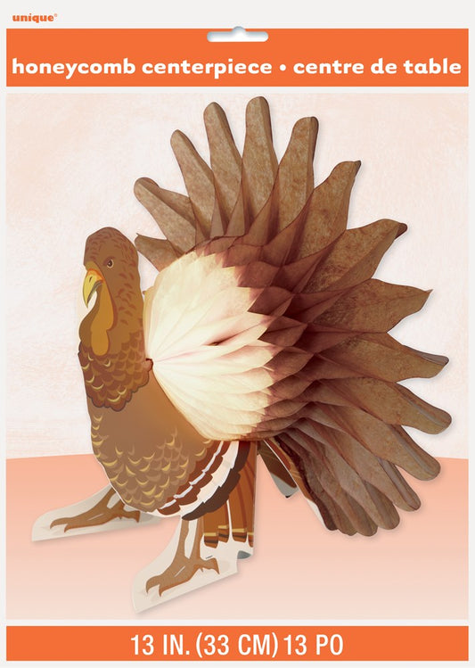 Brown and beige honeycomb paper turkey centerpiece with detailed feathers and a yellow beak, standing 13 inches tall.