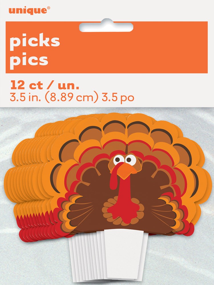 Set of 12 colorful cartoon turkey cupcake toppers with layered brown, orange, and red feathers on white sticks.